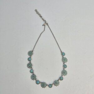 Boho Turquoise Style Statement Necklace Silver Tone Floral Design Adjustable